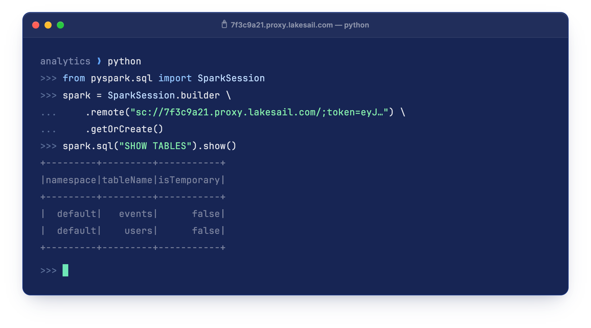 A Python session connecting to a private Sail cluster over Spark Connect with a scoped token, then running SHOW TABLES and printing the result table.
